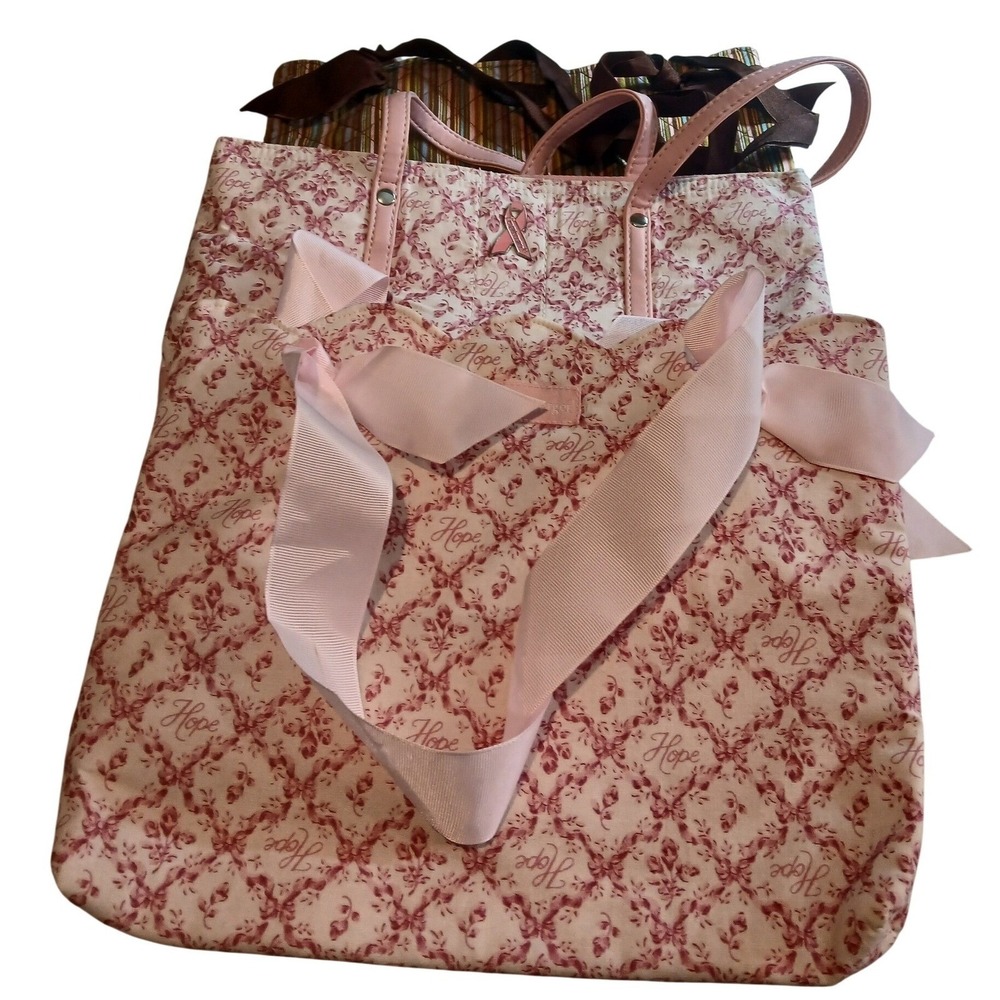 Set of 3 Longaberger Breast Cancer Awareness Tote Bags Pink Floral Brown Stripe